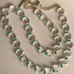 Beautiful crystal and turquoise 35” necklace.